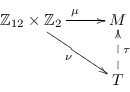 \begin{displaymath}
                \xymatrix{
                \mathbb{Z}_{12}\times\mathbb{Z}_2 \ar[r]^{\mu}
                \ar[rd]_{\nu} & M \\
                & T \ar@{-->}[u]_{\tau} %
                }
                \end{displaymath}