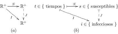 \begin{displaymath}
\begin{array}{cc}
\xymatrix{
\mathbb{R}^+ \ar[r]^{S} \ar[rd...
...\
& i\in\{\mbox{ infecciosos }\}%
} \\
(a) & (b)
\end{array}\end{displaymath}