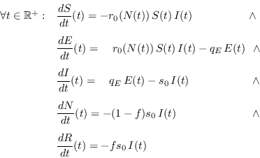 \begin{displaymath}
\begin{array}{rl}
\forall t\in\mathbb{R}^+: & {\displaystyl...
... & {\displaystyle \frac{d R}{dt}(t) = -fs_0\,I(t) }
\end{array}\end{displaymath}