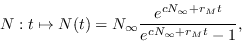 \begin{displaymath}
N:t\mapsto N(t) = N_{\infty} \frac{e^{c N_{\infty}+r_M t}}{e^{cN_{\infty}+r_M t}-1},
\end{displaymath}