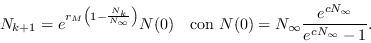 \begin{displaymath}N_{k+1} = e^{r_M\left(1-\frac{N_k}{N_{\infty}}\right)}N(0)\ \...
...n }N(0)= N_{\infty} \frac{e^{c N_{\infty}}}{e^{cN_{\infty}}-1}.\end{displaymath}