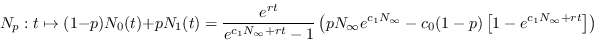 \begin{displaymath}
N_p:t\mapsto (1-p)N_0(t) + pN_1(t) = \frac{e^{r t} }{e^{c_1 ...
...y}} - c_0 (1-p)\left[1 - e^{c_1 N_{\infty}+r t}\right]\right)
\end{displaymath}